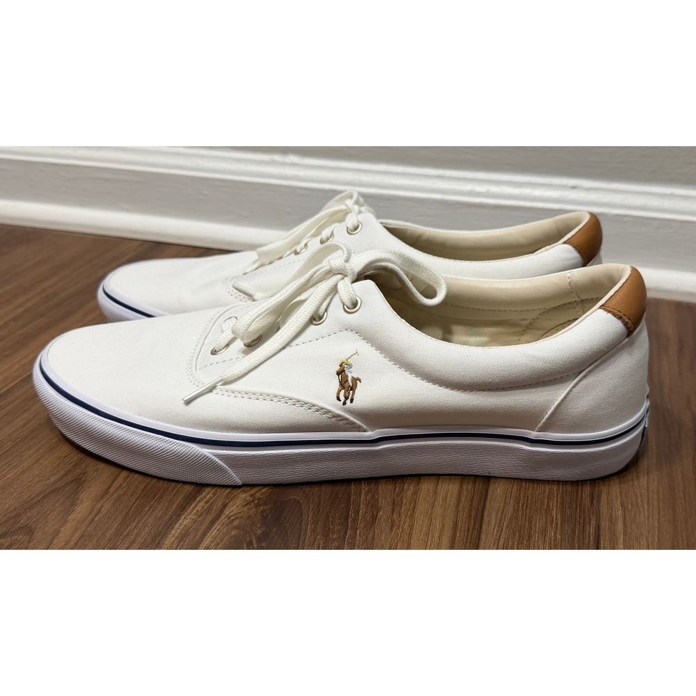 Polo Ralph Lauren Keaton-Pony White Canvas Low Top Shoes White Brown Logo Sz 14